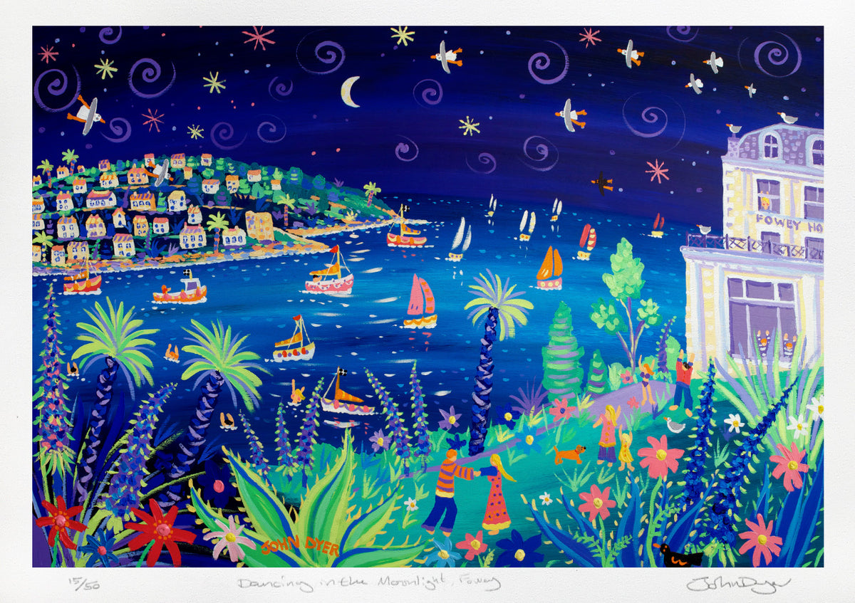 &#39;Dancing in the Moonlight, Fowey, Cornwall&#39;. Limited Edition Print by Cornish Artist John Dyer