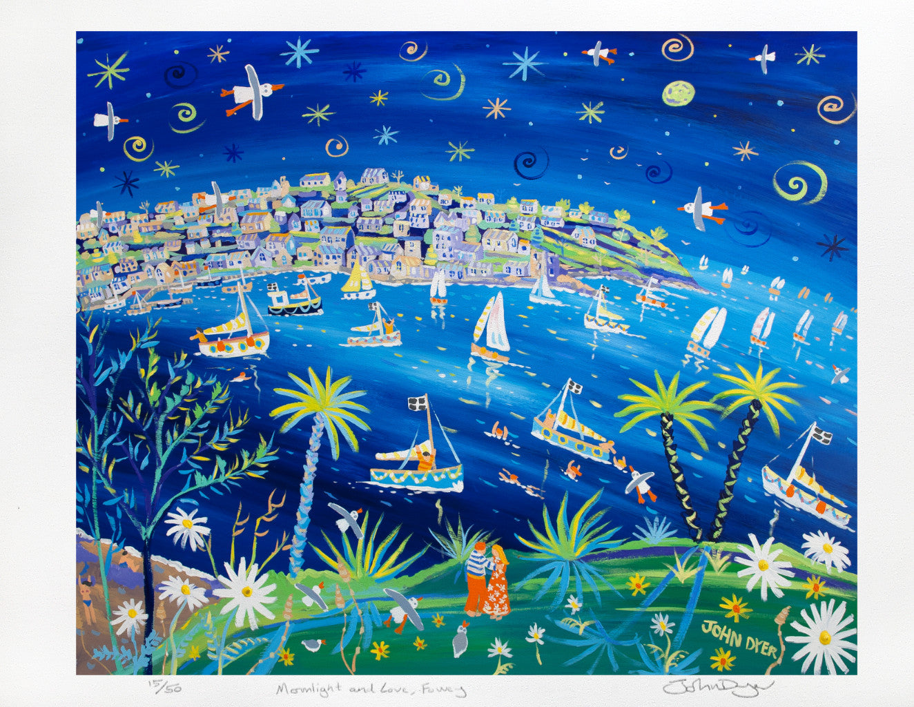 Signed Limited Edition Print by Cornish Artist John Dyer. Moonlight and Love Fowey.