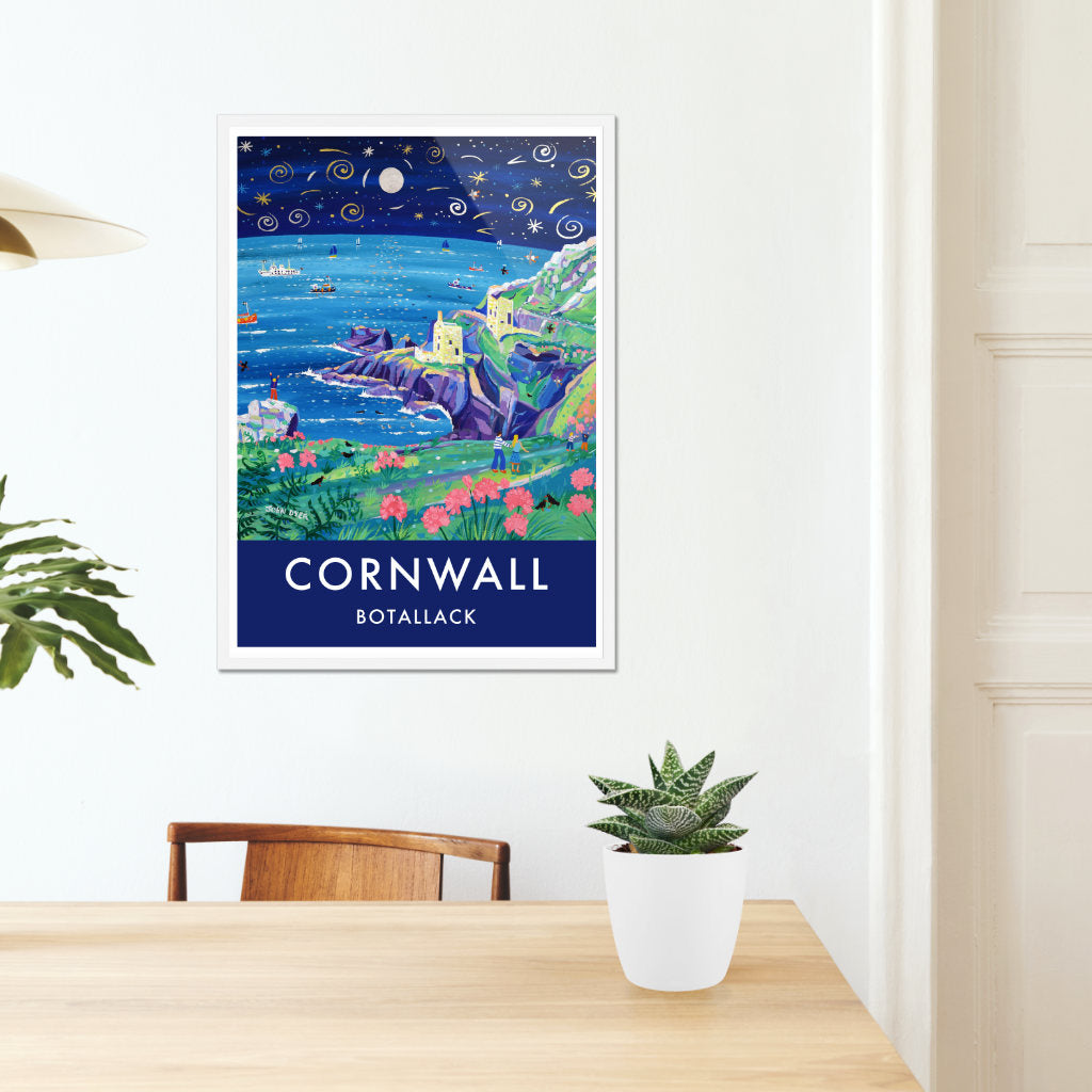 Framed Cornish art print of the Botallack Tin Mines, Cornwall by Cornish Artist John Dyer. Cornwall Art Gallery, Vintage Style Posters.