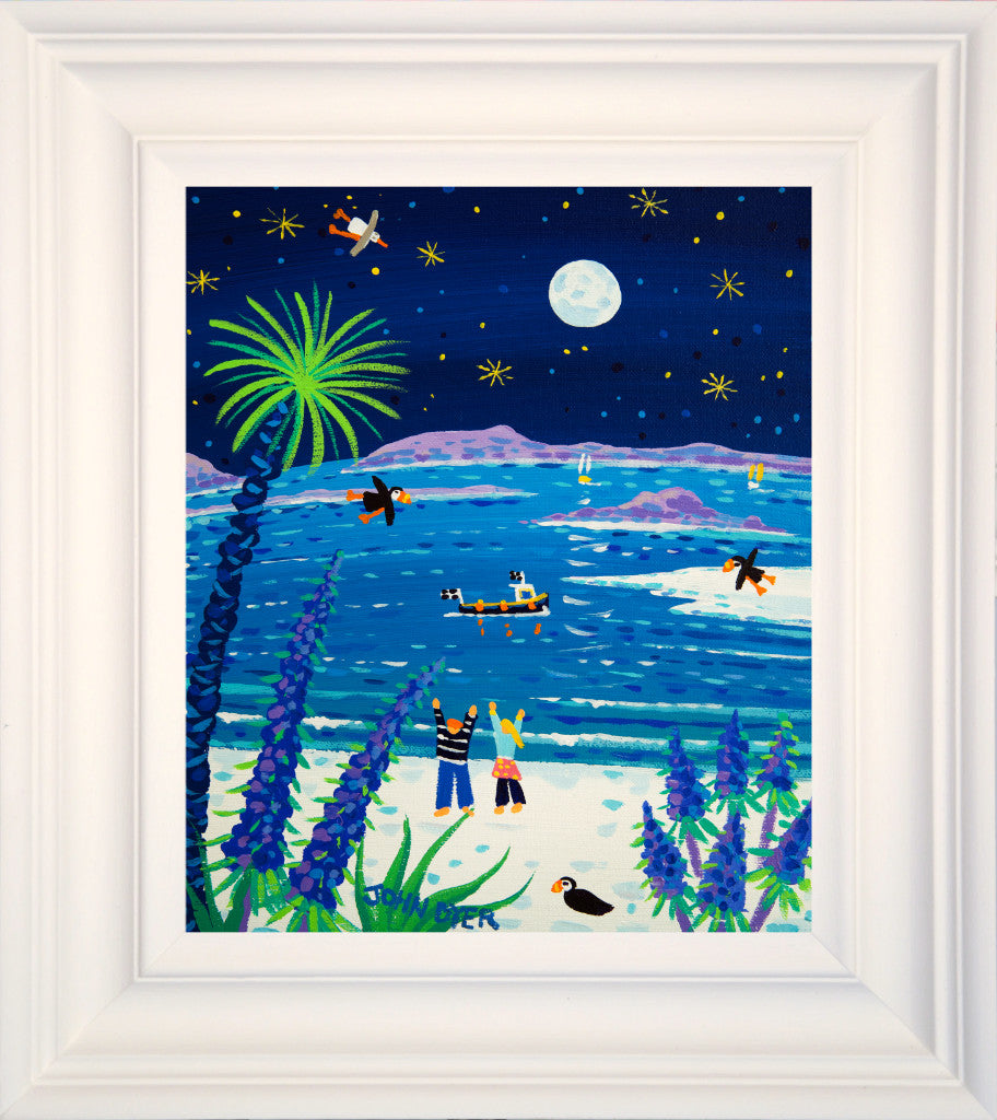 Framed John Dyer painting of Tresco featuring a full moon and blue echiums with puffins.