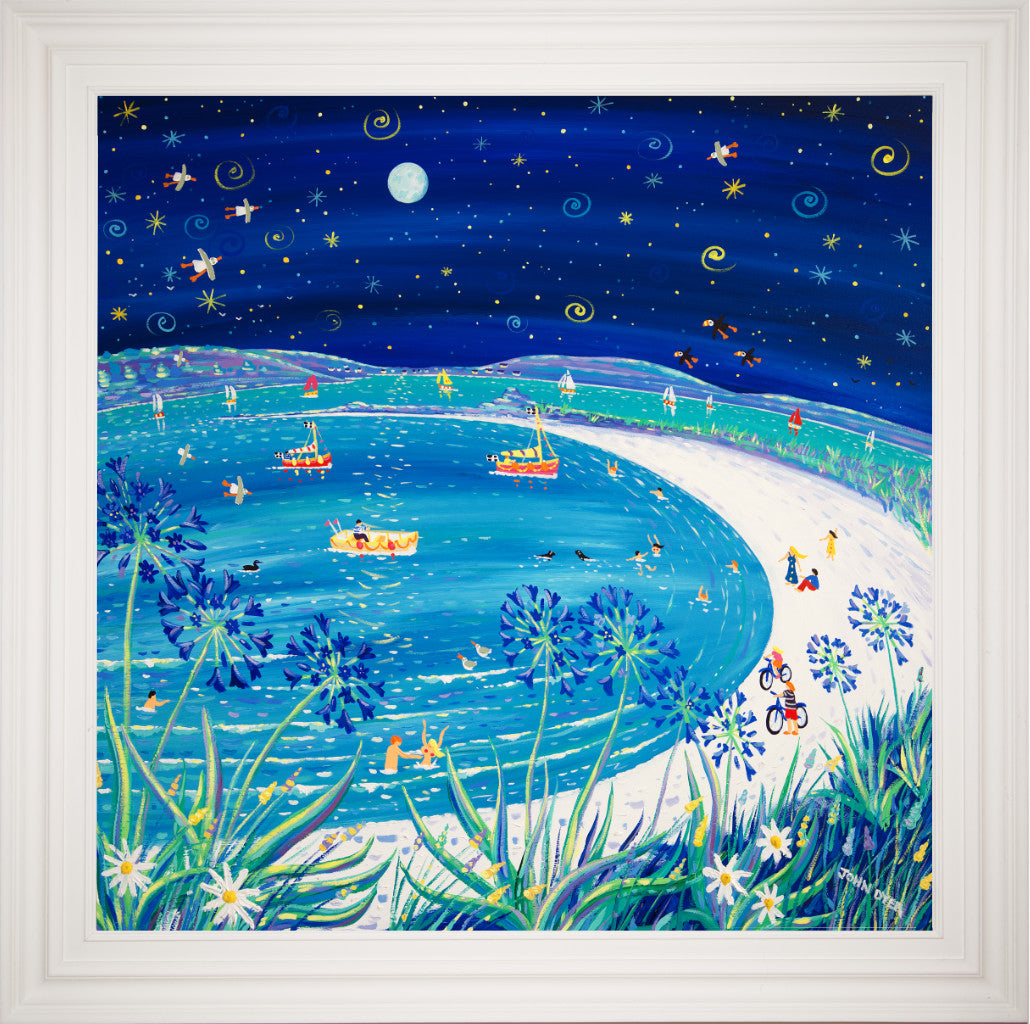 Large framed painting by acclaimed artist John Dyer of Pentle Bay on the island of Tresco. A nocturne with agapanthus flowers, puffind, cyclists and fishing boats. Full moon and twinkling stars.