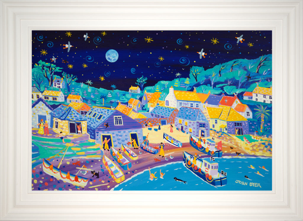 Framed original John Dyer painting of Cadgwith in Cornwall under the full moon.