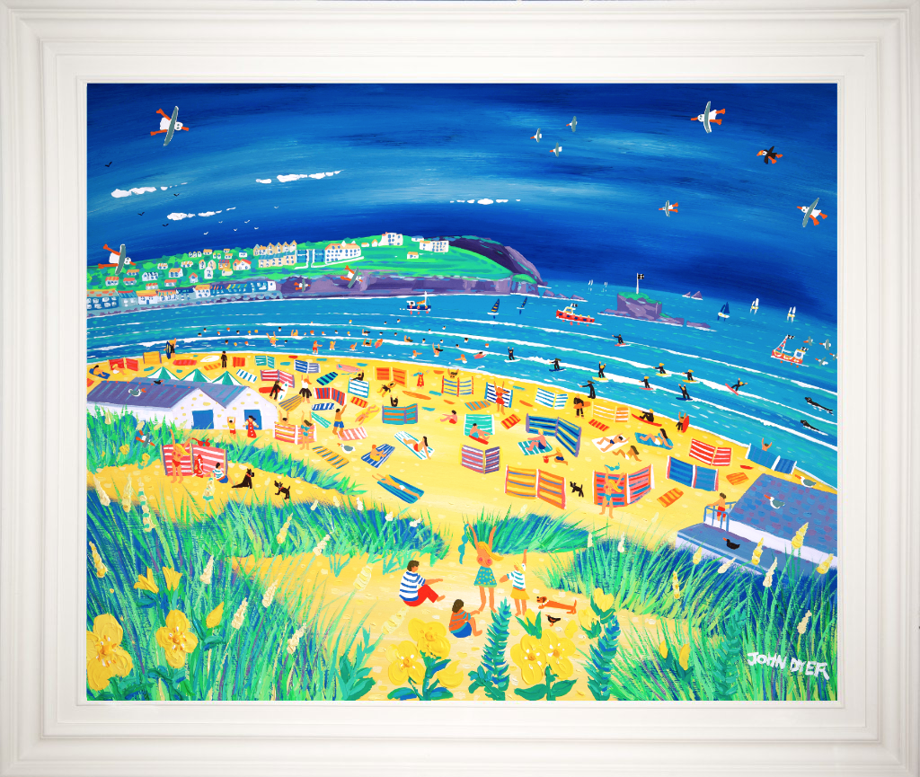 Painting of perranporth Beach in Cornwall by artist John Dyer. Windbreaks, surfers, topless woman and sausage dog.