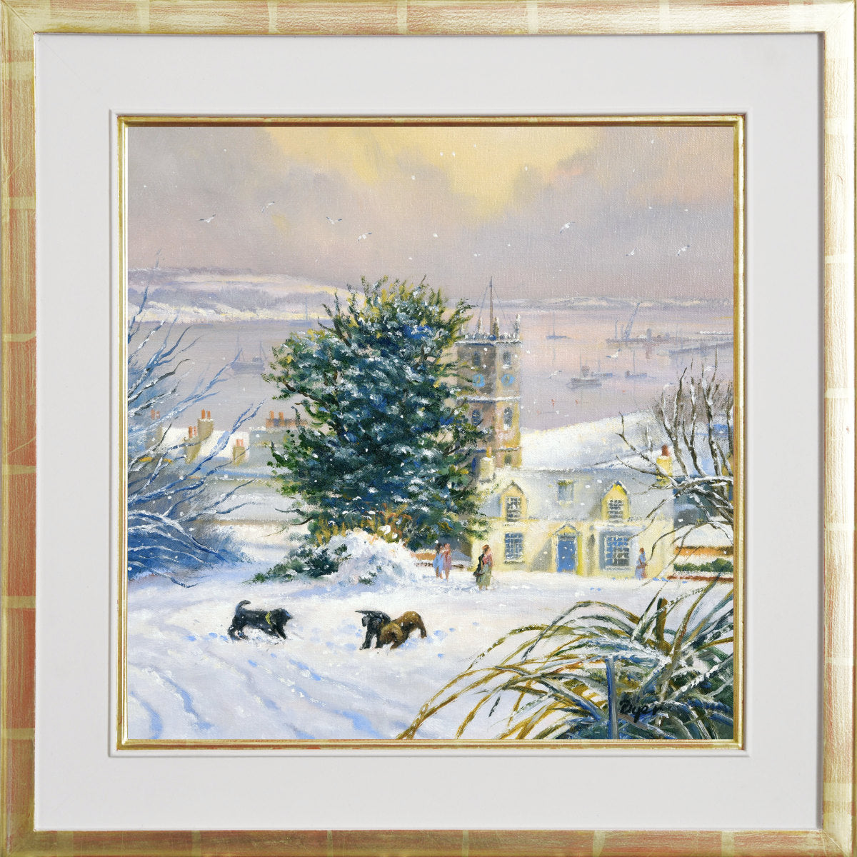 &#39;Puppies Playing in the Snow. Falmouth&#39;, 14 x 14 inches original art oil on canvas. Paintings of Cornwall by Cornish Artist Ted Dyer from our Cornwall Art Gallery