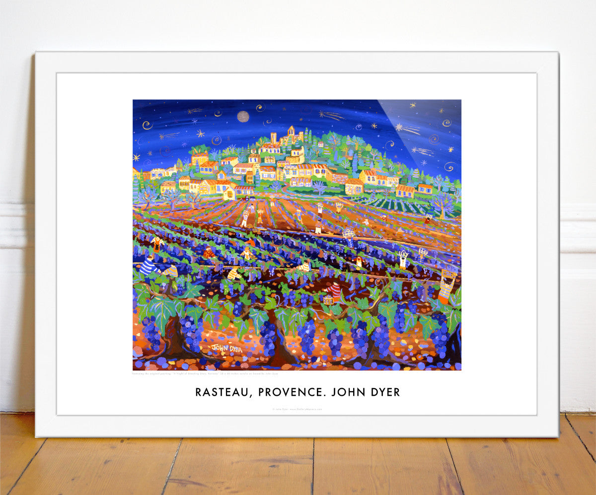 Poster of Rasteau by John Dyer. A Night of Shooting Stars, Grape Harvest, Rasteau, Provence. 'A Night of Shooting Stars, Rasteau' by John Dyer captures the grape harvest in the village of Rasteau, Provence. This classic wall art poster print by John Dyer shows the grape harvest in the Côte du Rhone region of France. A full moon illuminates the scene of people filling baskets with grapes. Rasteau can be seen on the hillside and shooting stars fly overhead. An absolutely beautiful picture of Provence.