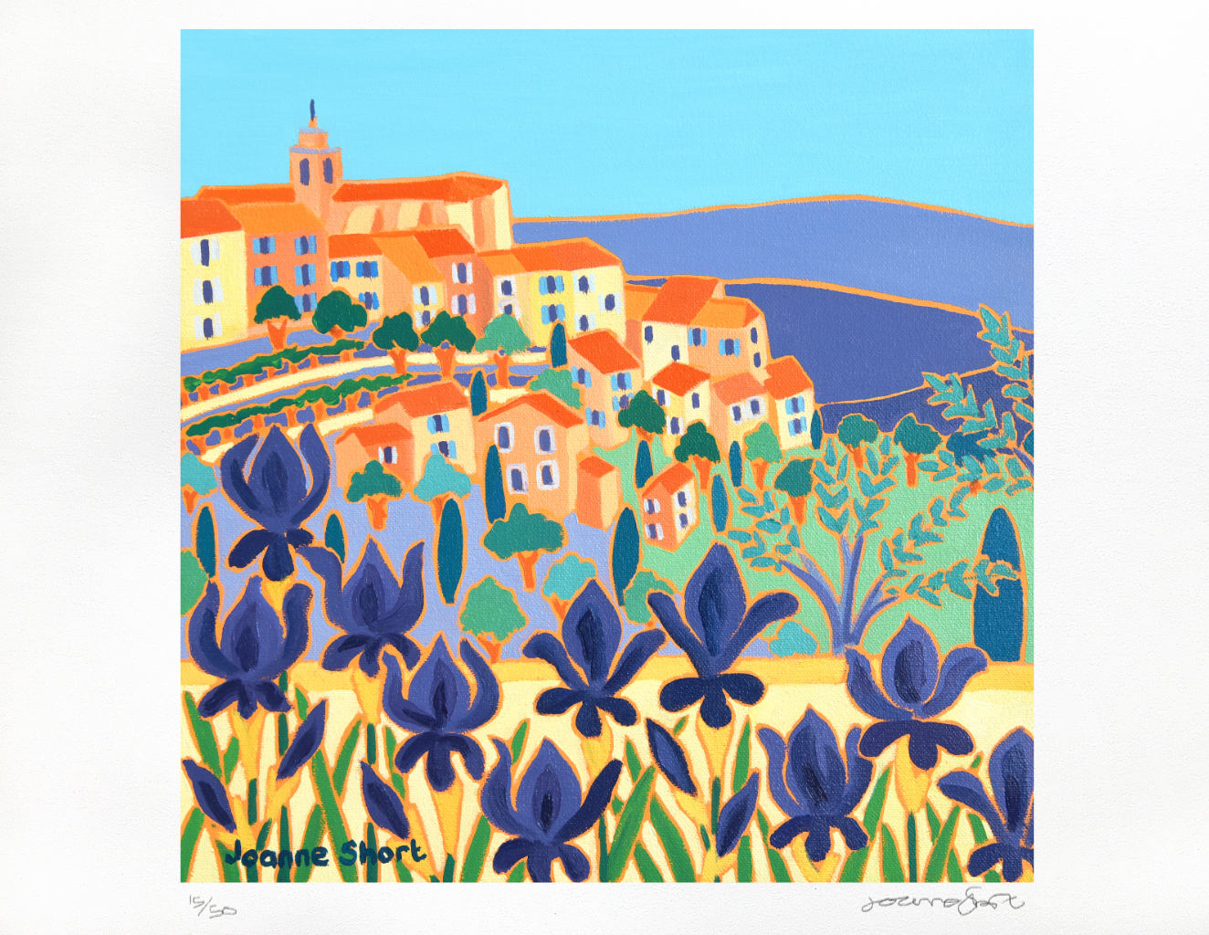 Limited Edition French Print by Artist Joanne Short. 'Purple Iris, Gordes, Provence'.
