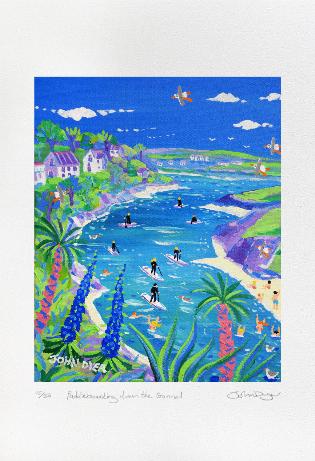 Limited Edition Print by Cornish Artist John Dyer. &#39;Paddleboarding down the Gannel Estuary&#39;. Cornwall Art Gallery Print