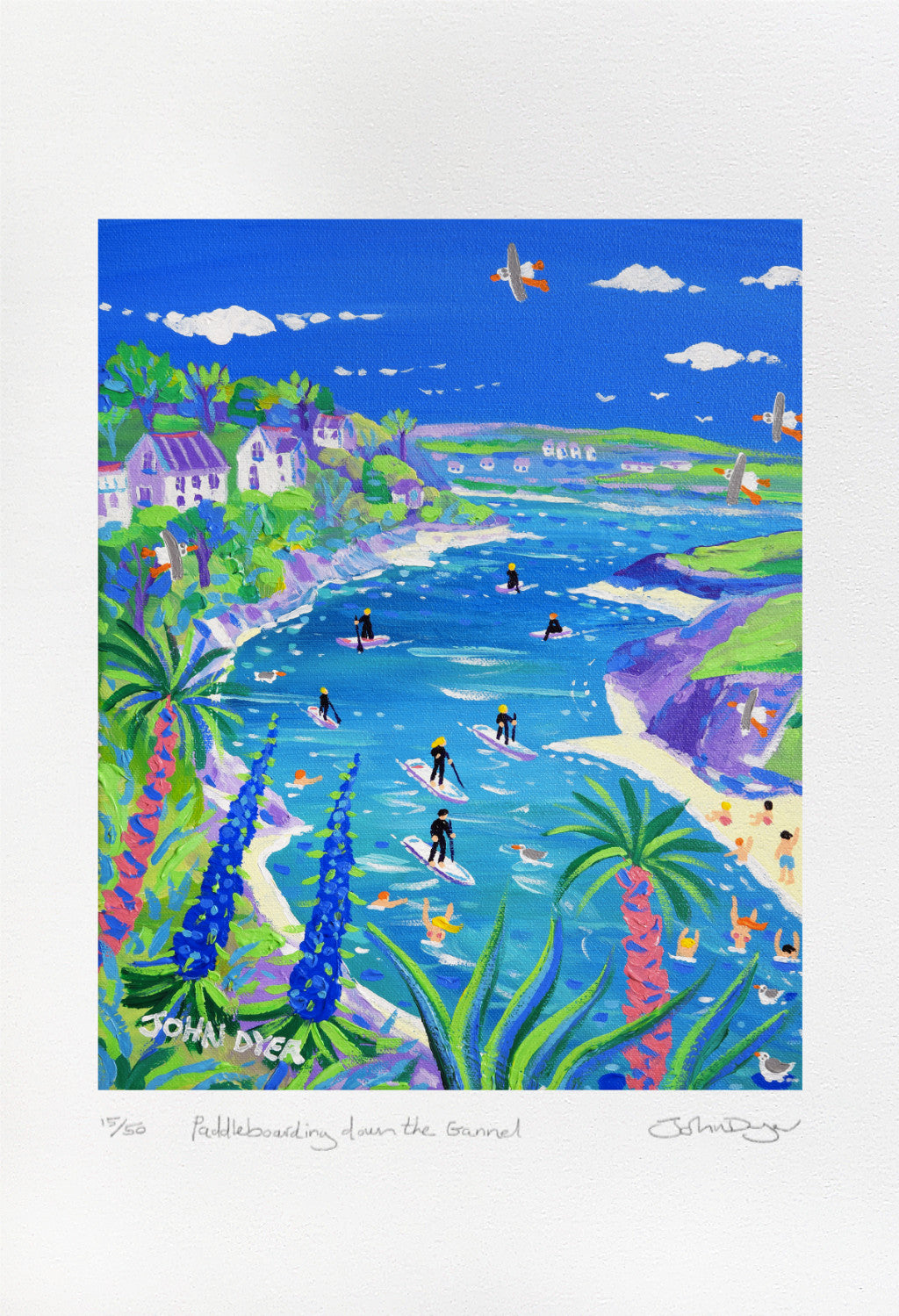 Limited Edition Print by Cornish Artist John Dyer. 'Paddleboarding down the Gannel Estuary'. Cornwall Art Gallery Print