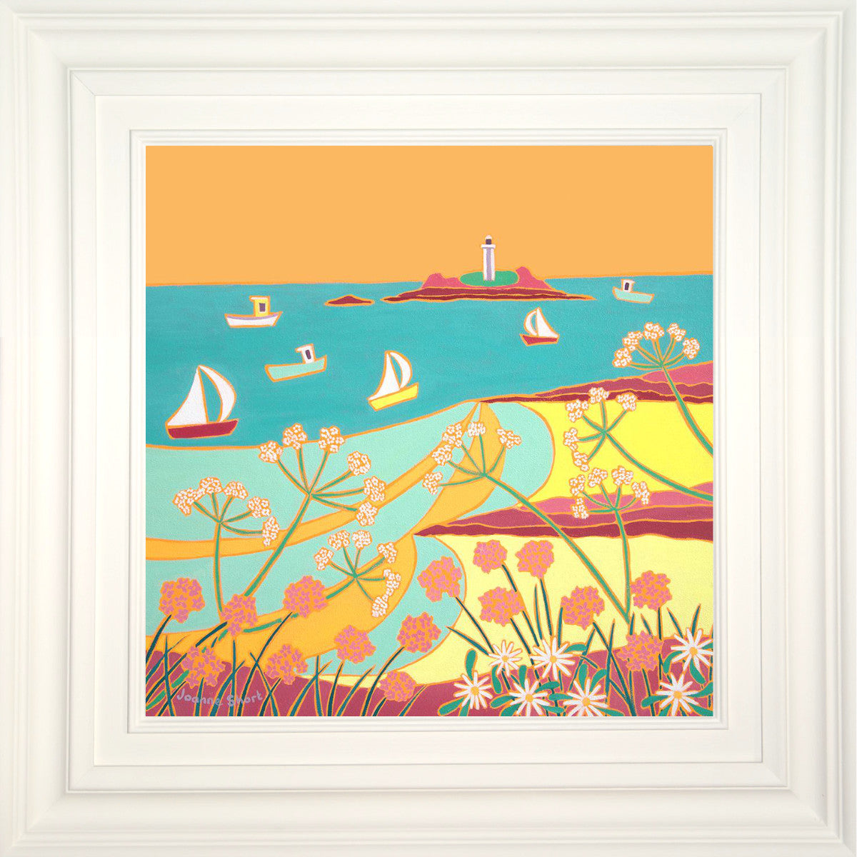 In this stunning painting of Godrevy lighthouse, Joanne captures the colour and light of a spring sunset on a hot, sunny evening. Boats circle the lighthouse as flowers nod in the breeze on the cliff tops. This is an unusual palette of colours which recreates memories of tranquil lazy holidays by the sea.