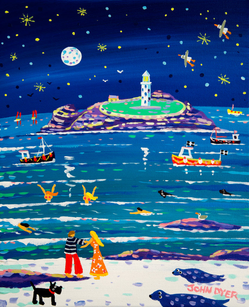 Love and laughter are the sentiments of this painting of Godrevy by Cornish artist John Dyer. A couple dance and sway on the shoreline, while skinny dippers laugh and play in the water. All this is under a full moon and a star filled sky. Seals look on and fishing boats bob about bringing in their catch. This romantic painting will bring joy to all.