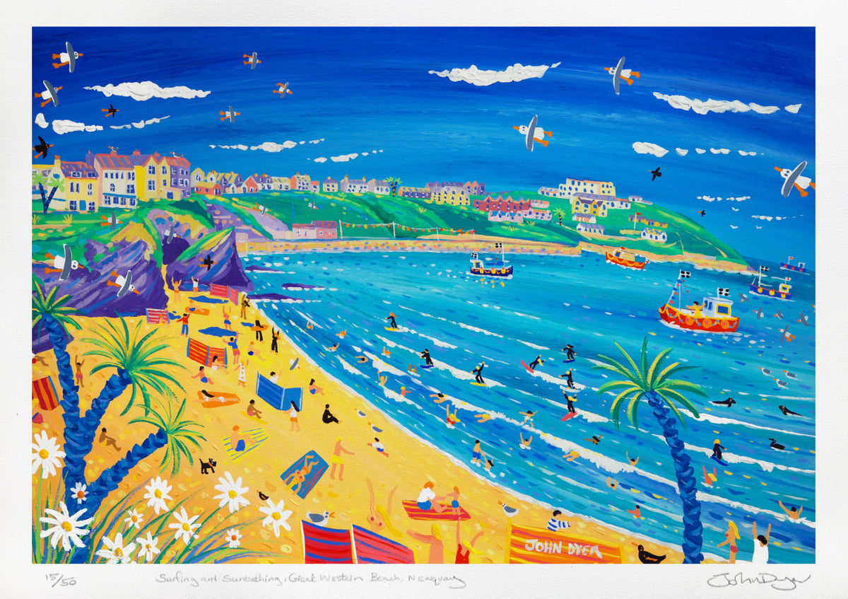 Cornish Art Limited Edition Print by John Dyer. &#39;Surfing and Sunbathing, Great Western Beach, Newquay&#39;. Cornwall Art Gallery Print