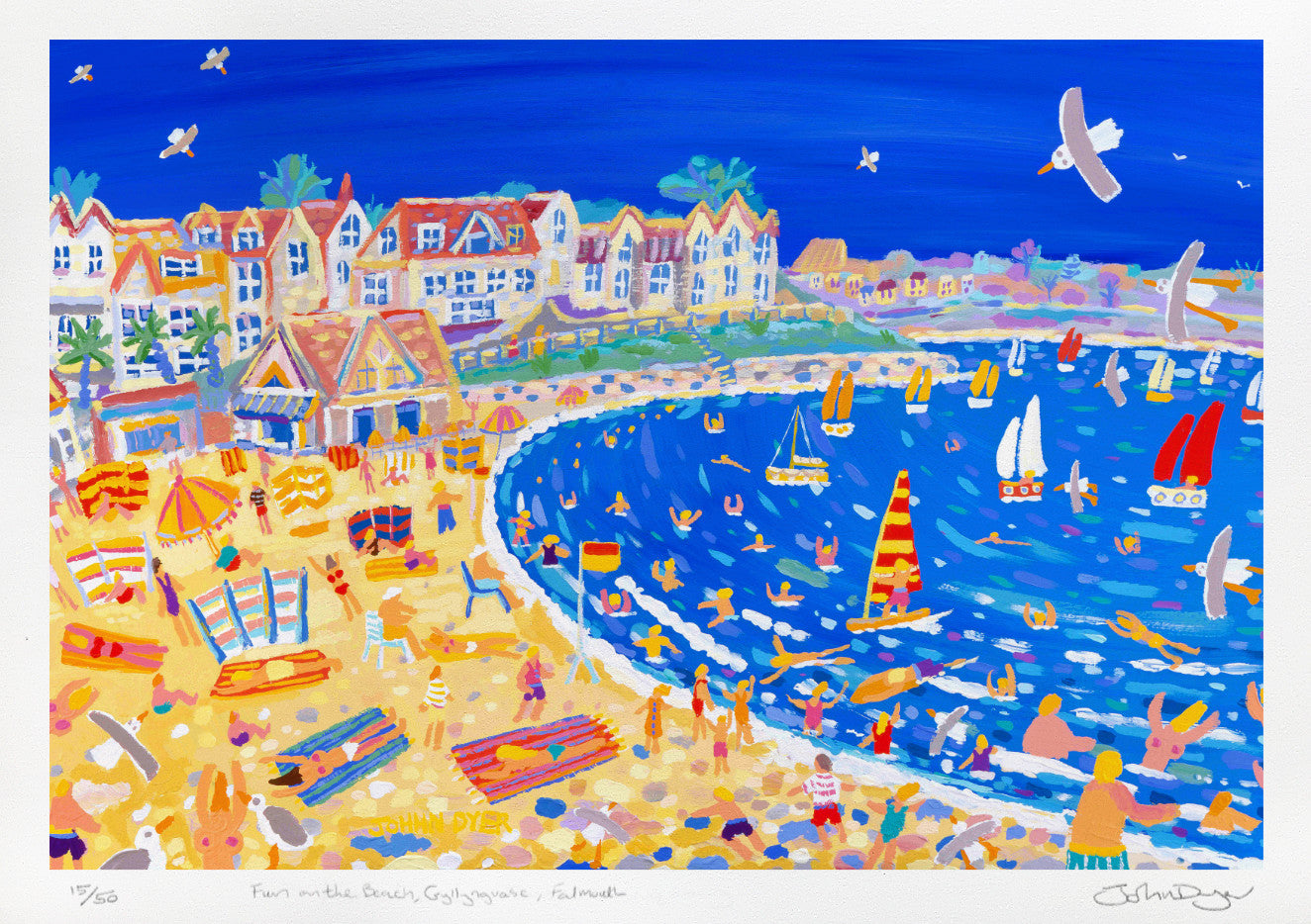 Limited Edition Print by Cornish Artist John Dyer. 'Fun on the Beach, Gyllyngvase, Falmouth'. Cornwall Art Gallery Print