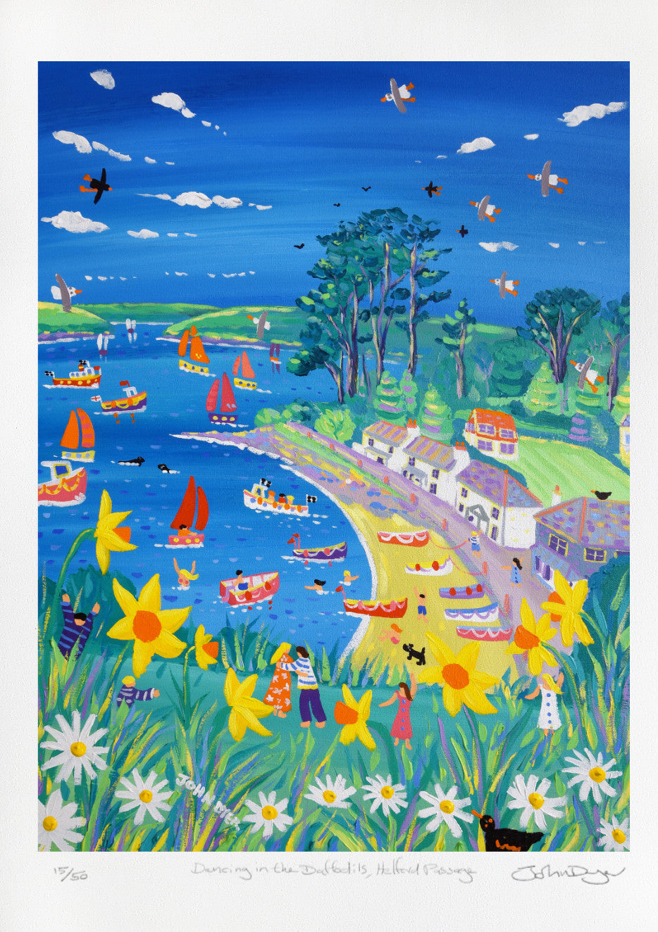 Signed Limited Edition Print by Cornish Artist John Dyer. &#39;Dancing in the Daffodils, Helford Passage&#39;. Cornwall Art Gallery Print