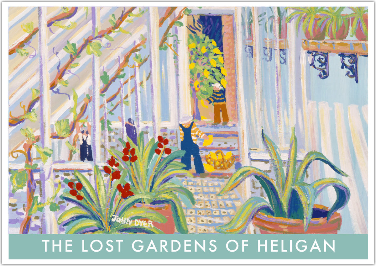 Some of the best-known paintings of the Lost Gardens of Heligan are from artist John Dyer. This John Dyer painting&#39; Lemon Squeezy in the Greenhouse, Heligan&#39; has been beautifully reproduced onto this vintage style wall art poster print of the gardens. Featuring the lean-to glass house at Heligan the artist has featured lemons, vines &amp; agaves. Beautiful &amp; a wonderful image of this world famous garden.