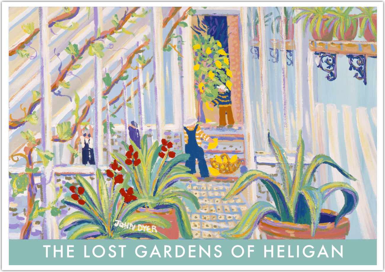 Some of the best-known paintings of the Lost Gardens of Heligan are from artist John Dyer. This John Dyer painting' Lemon Squeezy in the Greenhouse, Heligan' has been beautifully reproduced onto this vintage style wall art poster print of the gardens. Featuring the lean-to glass house at Heligan the artist has featured lemons, vines & agaves. Beautiful & a wonderful image of this world famous garden.