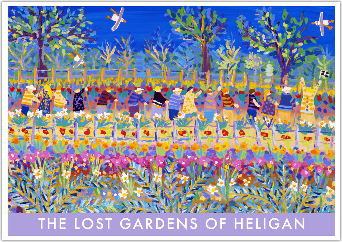 The Lost Gardens of Heligan are perfectly captured in John Dyer&#39;s painting of the gardens &#39;Rows of Plants and People, Heligan&#39;. This beautiful vintage style wall art poster presents the painting in a new form. A party of people following a Cornish flag enjoys the rows of flowers and tropical plants. Fabulous and a great image of Heligan. Available framed or unframed in a range of popular sizes.