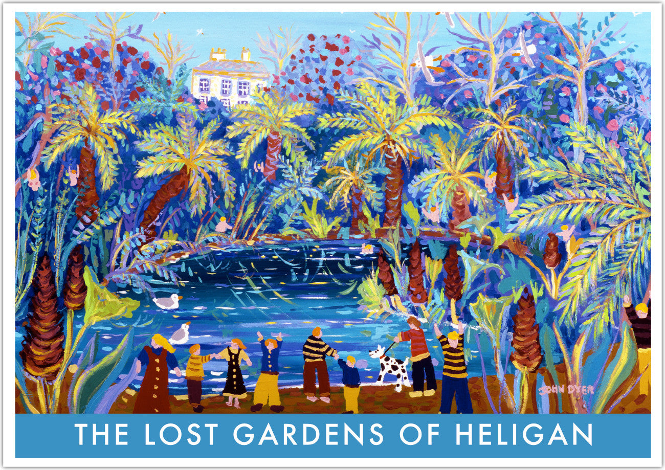 Wall Art Poster Print of John Dyer's fabulous painting of the Lost Gardens of Heligan features giant gunnera, tree ferns, and palms in the jungle garden. Wonderful brushstrokes and create the reflections in the pond and families enjoy the wonder of this magical place. A great painting by artist John Dyer and beautifully presented on this vintage style poster.