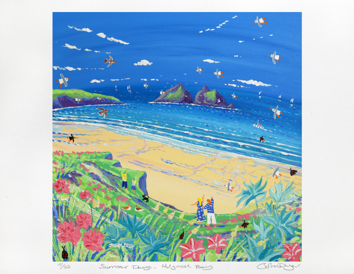 Limited Edition Print by Cornish Artist John Dyer. Summer Days, Holywell Bay Beach. Cornwall Art Gallery Print
