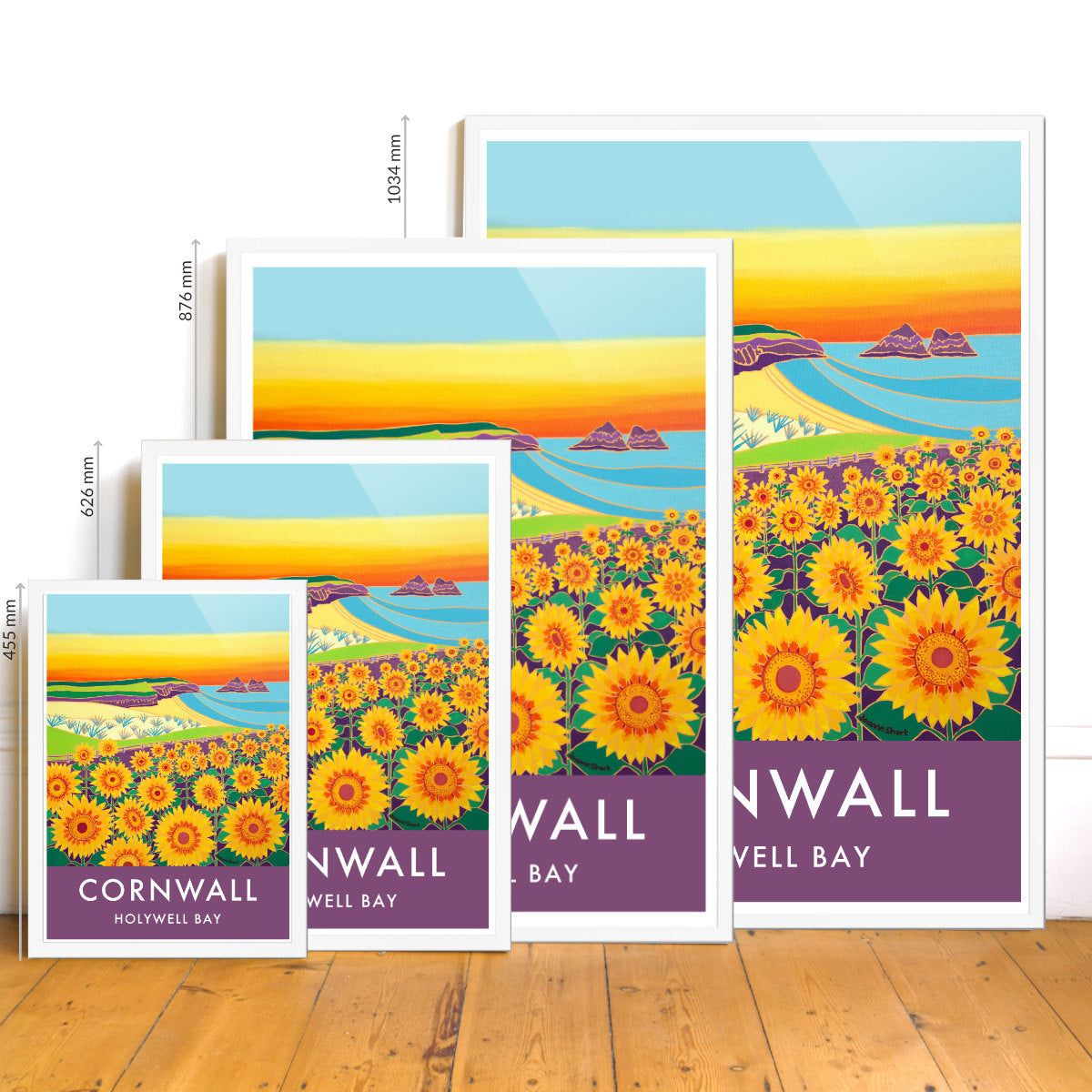 Holywell Bay Beach Sunflowers Sunset. Art Prints of Cornwall by Cornish Artist Joanne Short. Vintage Style Poster Print Art for Homes from our Cornwall Art Gallery