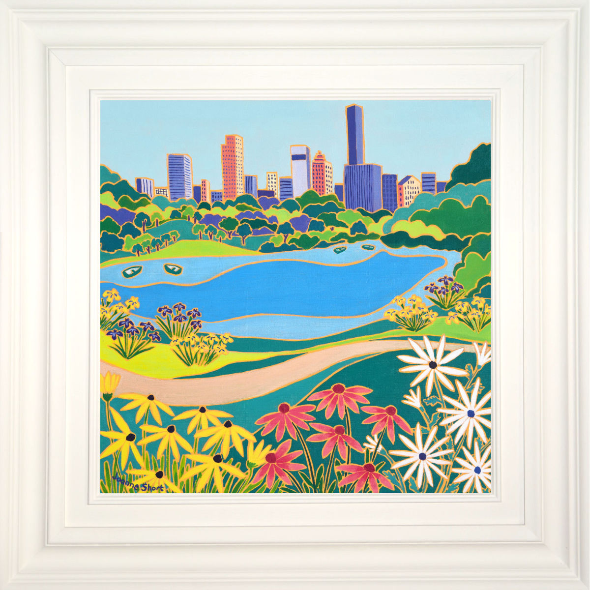 'Lakeside Flowers, Central Park, New York',  18 x 18 inches, oil on canvas. Paintings of America by British Artist Joanne Short. American Art Gallery