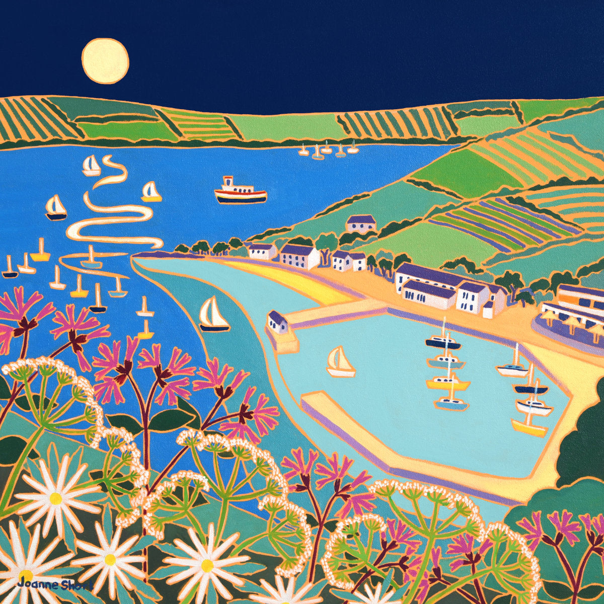 &#39;Full Moon over Mylor Harbour&#39;,  18 x 18 inches, oil on canvas. Painting by Cornish Artist Joanne Short. Cornish Art from our Cornwall Art Gallery