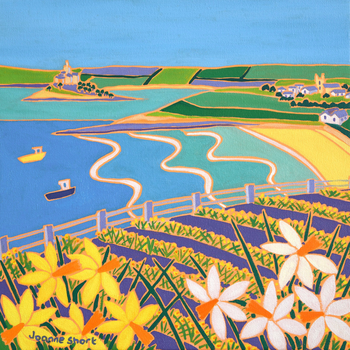 'Spring Daffodils, Perranuthnoe, Mount's Bay', 12x12 inches oil on canvas. Cornwall Painting by Cornish Artist Joanne Short. Cornish Art from our Cornwall Art Gallery