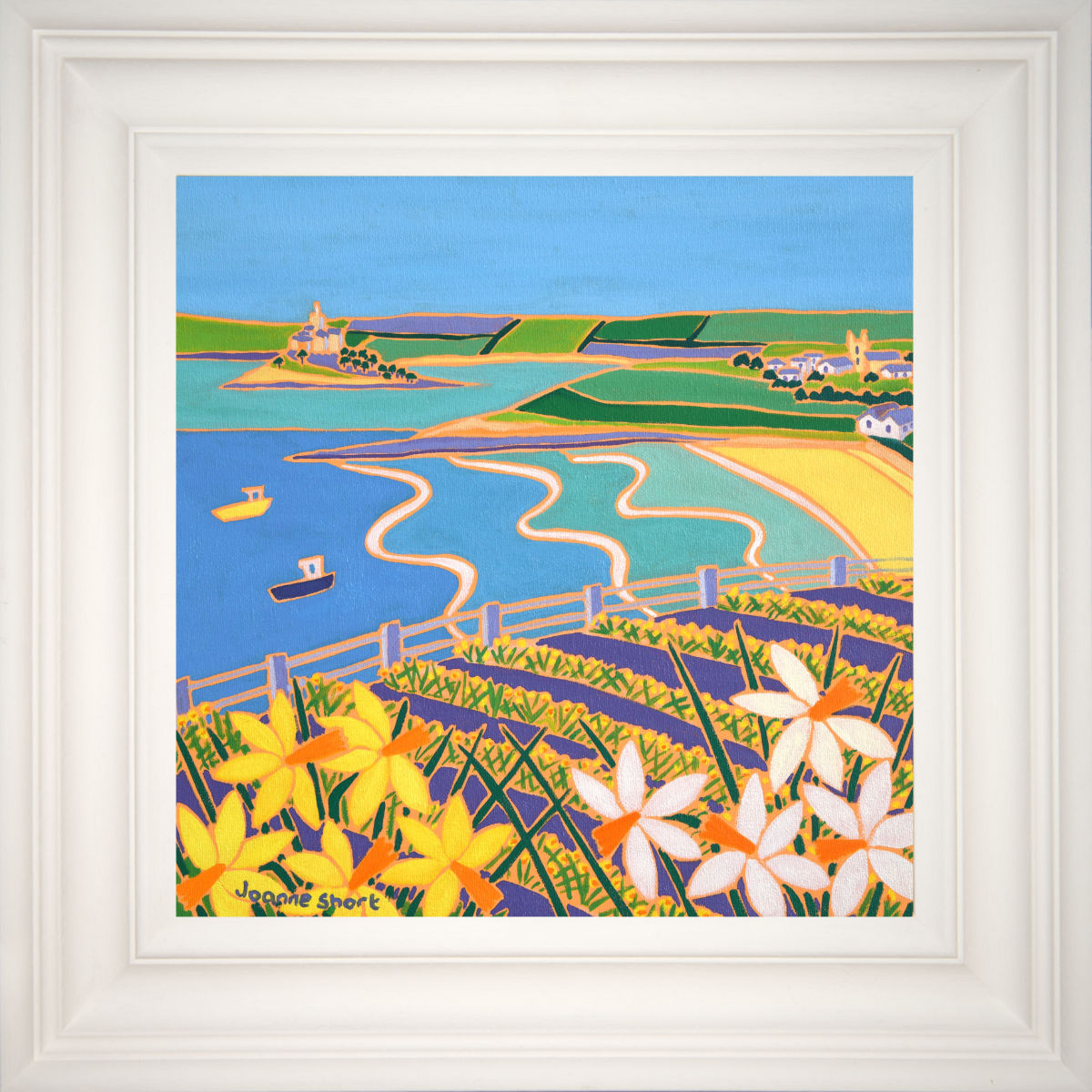 &#39;Spring Daffodils, Perranuthnoe, Mount&#39;s Bay&#39;, 12x12 inches oil on canvas. Cornwall Painting by Cornish Artist Joanne Short. Cornish Art from our Cornwall Art Gallery