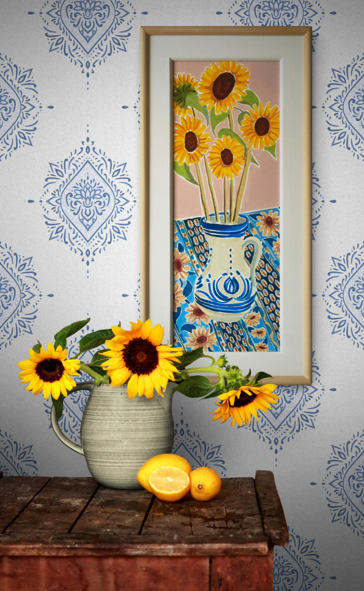 Original Still Life Painting by Joanne Short. Yellow Sunflowers and Blue Tablecloth. Provence, France.