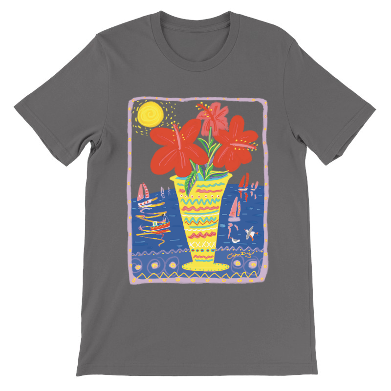 John Dyer Unisex Art Seaside Cornwall T-Shirt. &#39;Seaside Hibiscus&#39;. Cornwall Art Gallery