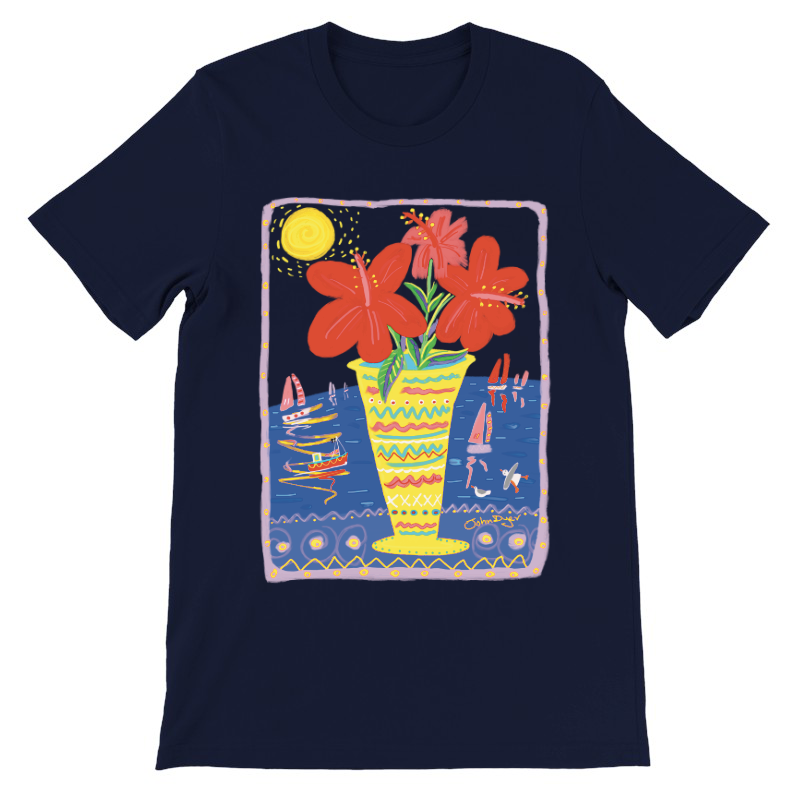 John Dyer Unisex Art Seaside Cornwall T-Shirt. 'Seaside Hibiscus'. Cornwall Art Gallery