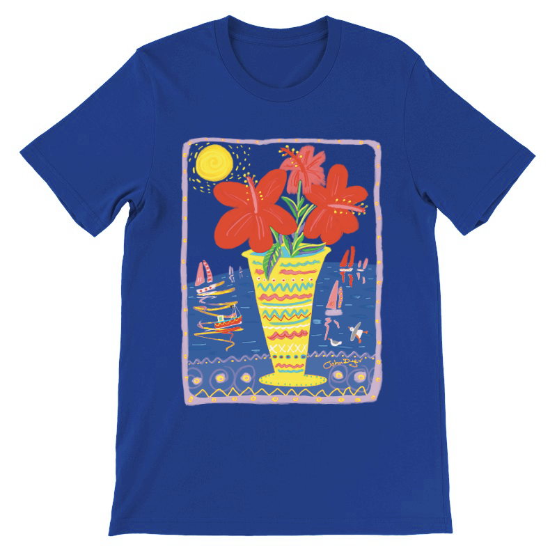 John Dyer Unisex Art Seaside Cornwall T-Shirt. 'Seaside Hibiscus'. Cornwall Art Gallery
