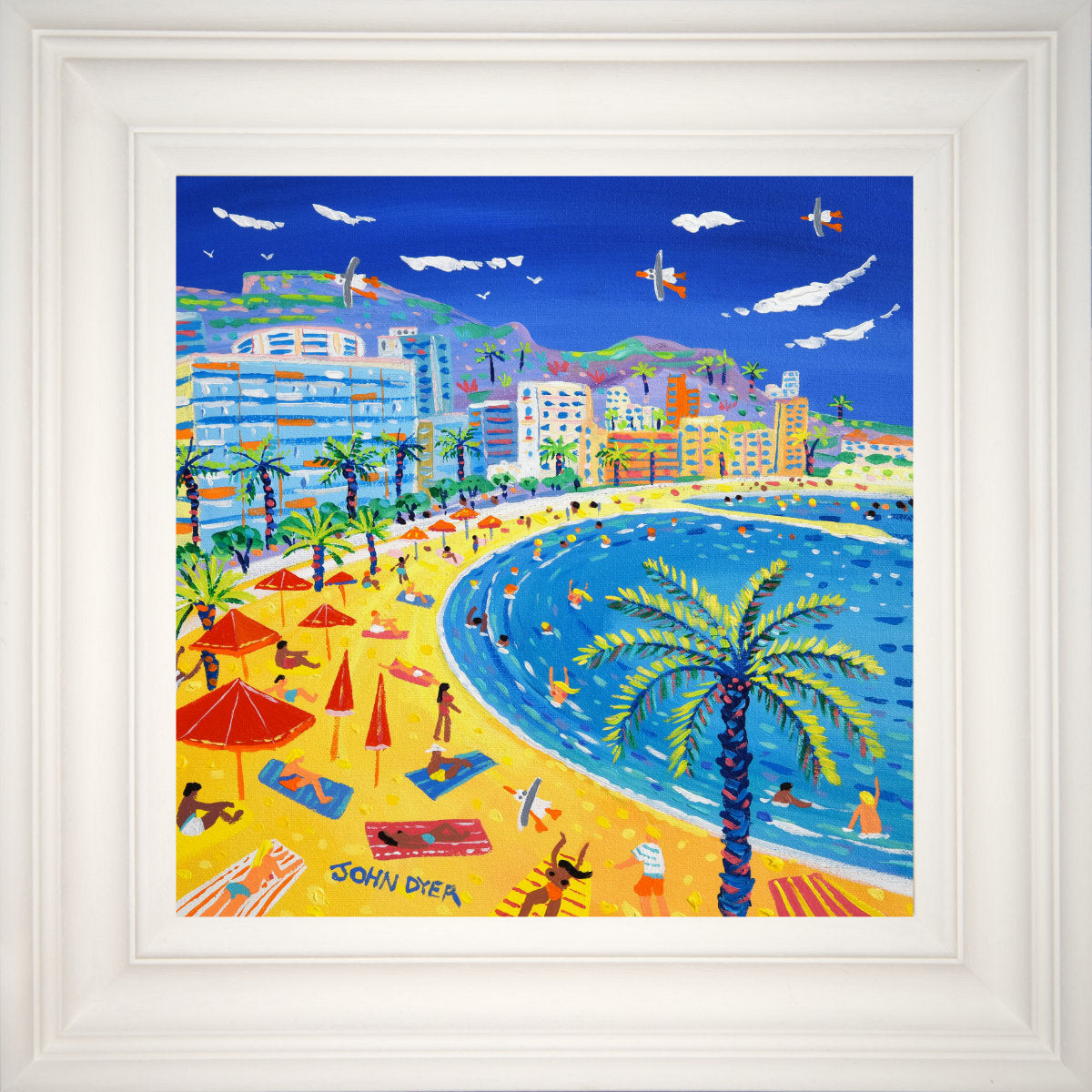 &#39;Soaking up the Sun, Larvotto Beach, Monaco&#39;, 12x12 inches acrylic on canvas. Paintings of France by British Artist John Dyer. French Art Gallery