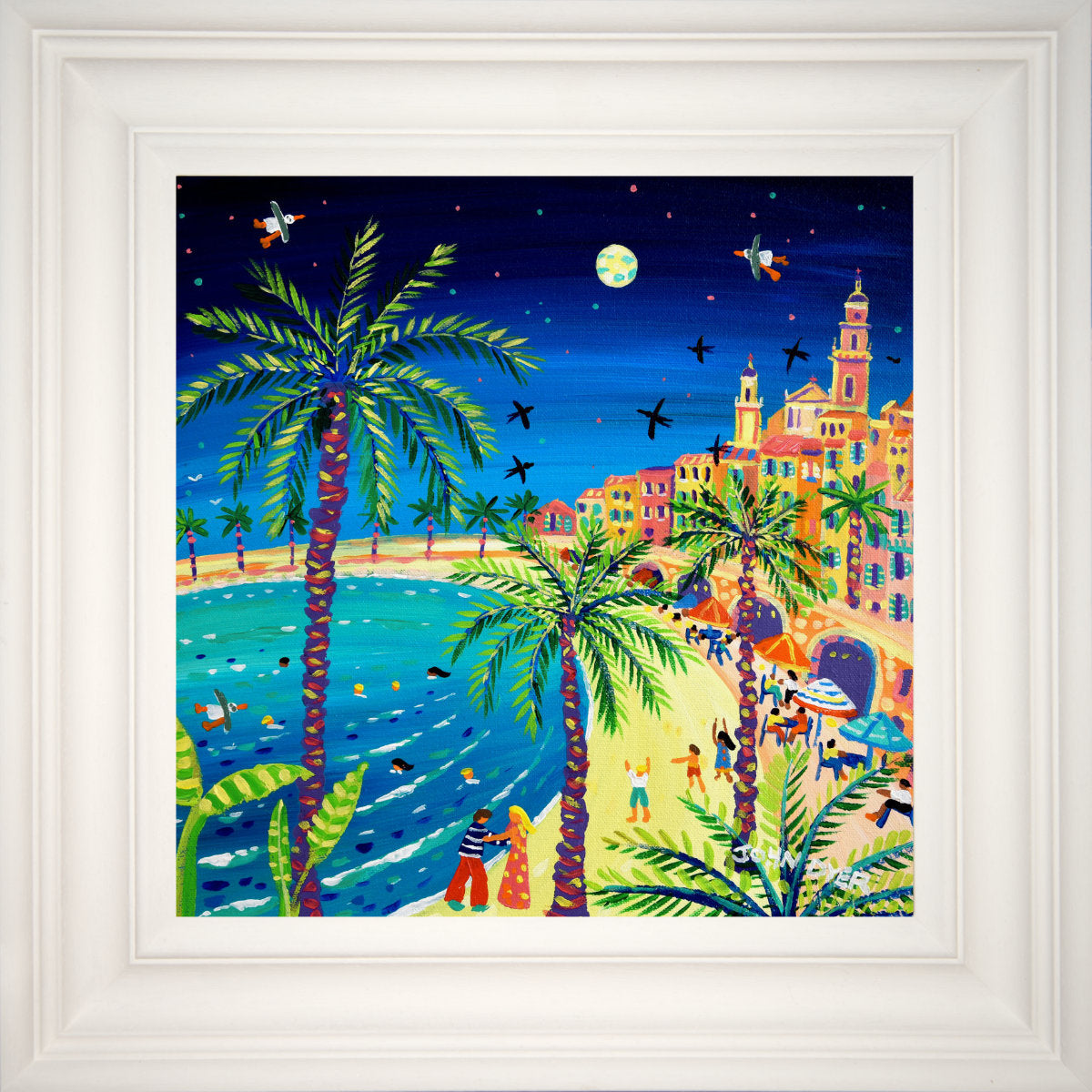 &#39;Love under the Moon, Menton, France&#39;, 12x12 inches acrylic on canvas. Paintings of France by British Artist John Dyer. French Art Gallery