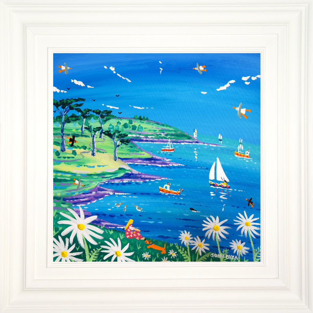 'View to the Lighthouse, Roseland Peninsula', 18x18 inches acrylic on canvas. Cornwall Painting by Cornish Artist John Dyer. Cornish Art from our Cornwall Art Gallery