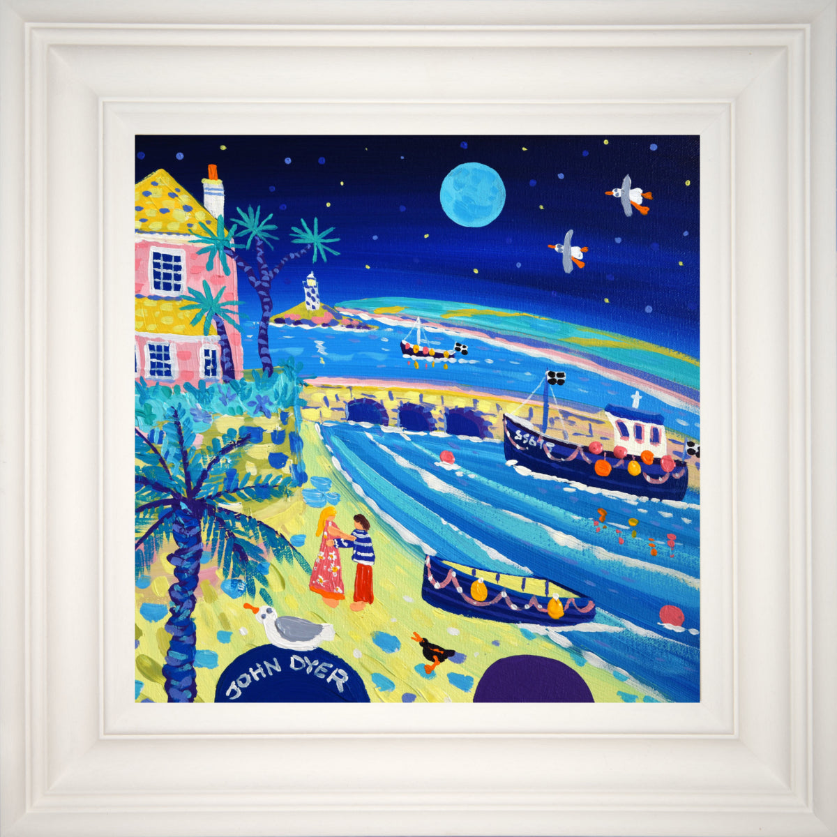 &#39;Moonlit Lovers, St Ives&#39;, 12x12 inches acrylic on canvas. Paintings of Cornwall by Cornish Artist John Dyer. Cornwall Art Gallery