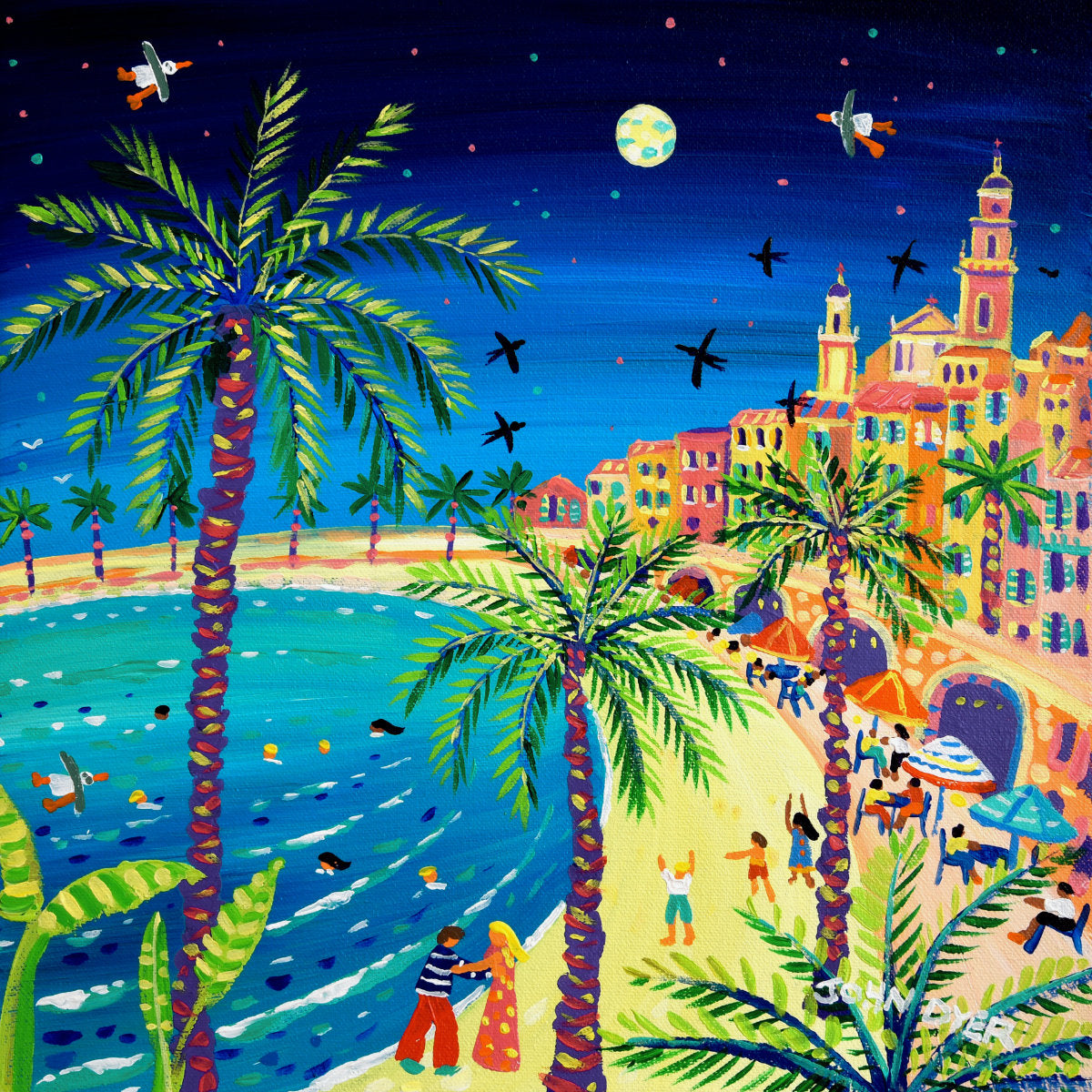 &#39;Love under the Moon, Menton, France&#39;, 12x12 inches acrylic on canvas. Paintings of France by British Artist John Dyer. French Art Gallery