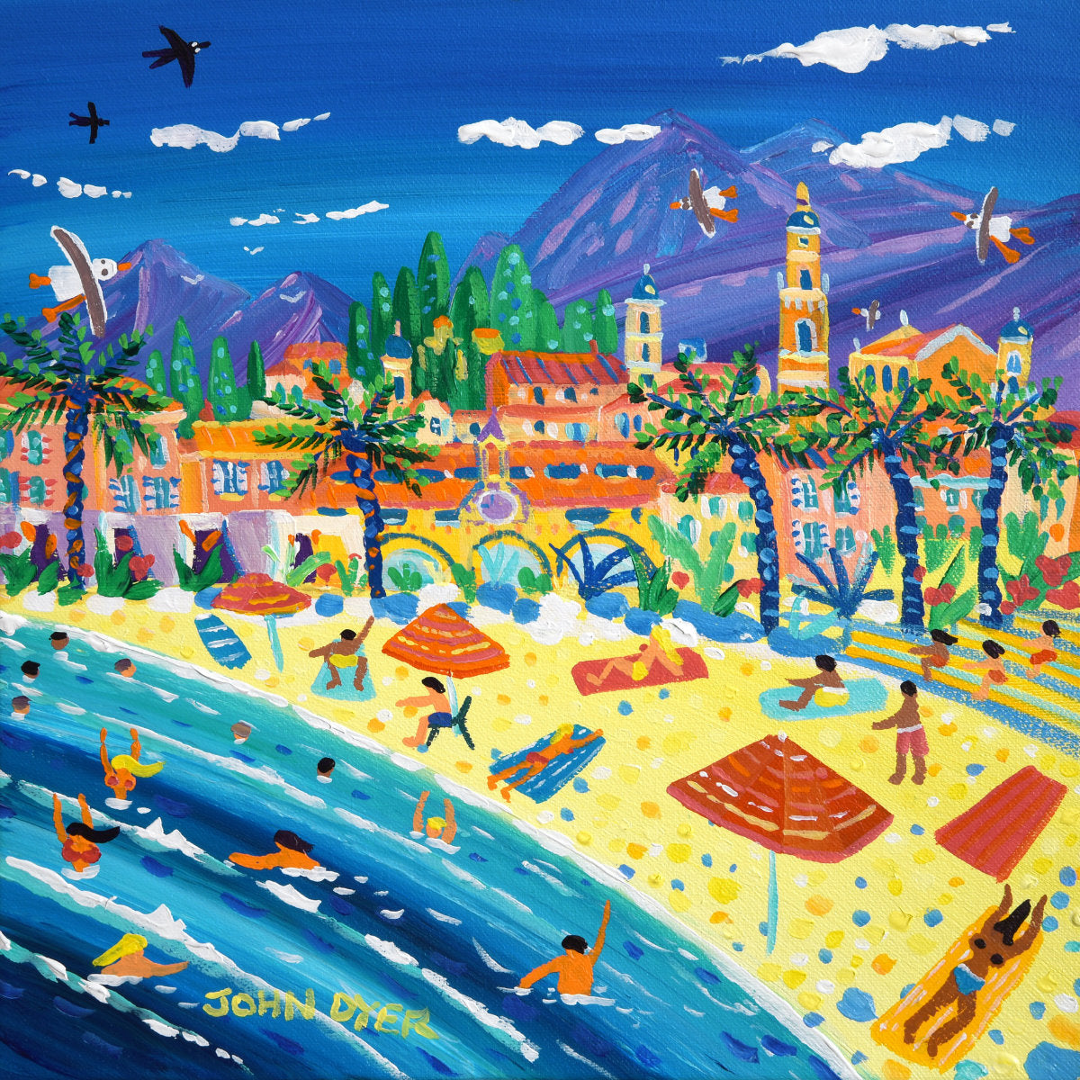 &#39;French Summer Fun, Menton, France&#39;, 12x12 inches acrylic on canvas. Paintings of France by British Artist John Dyer. French Art Gallery