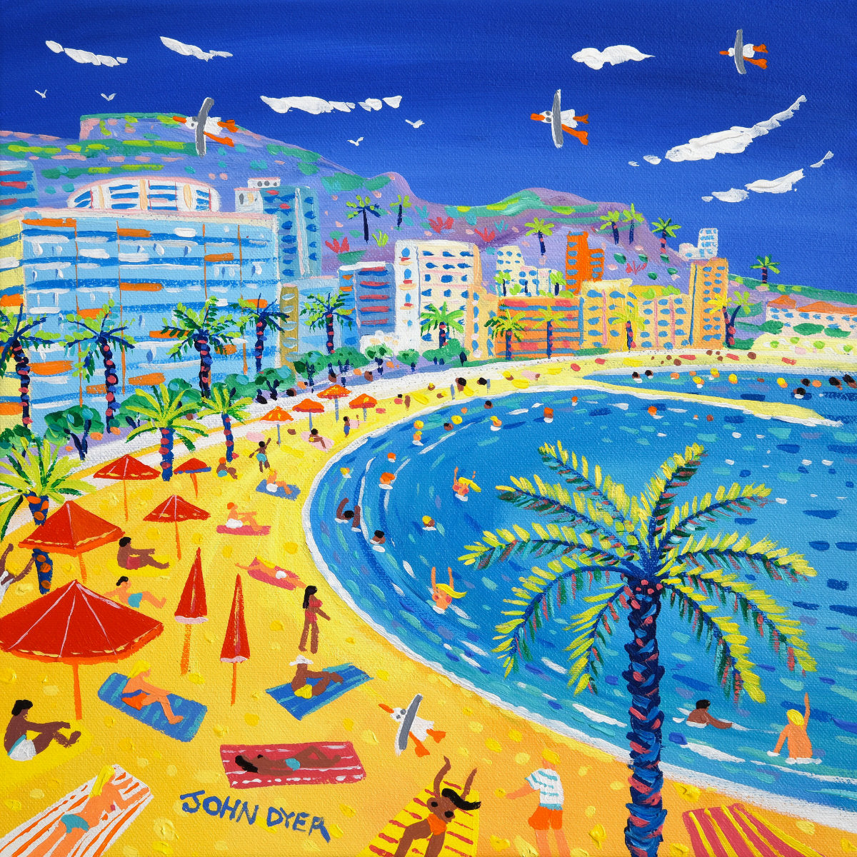 'Soaking up the Sun, Larvotto Beach, Monaco', 12x12 inches acrylic on canvas. Paintings of France by British Artist John Dyer. French Art Gallery