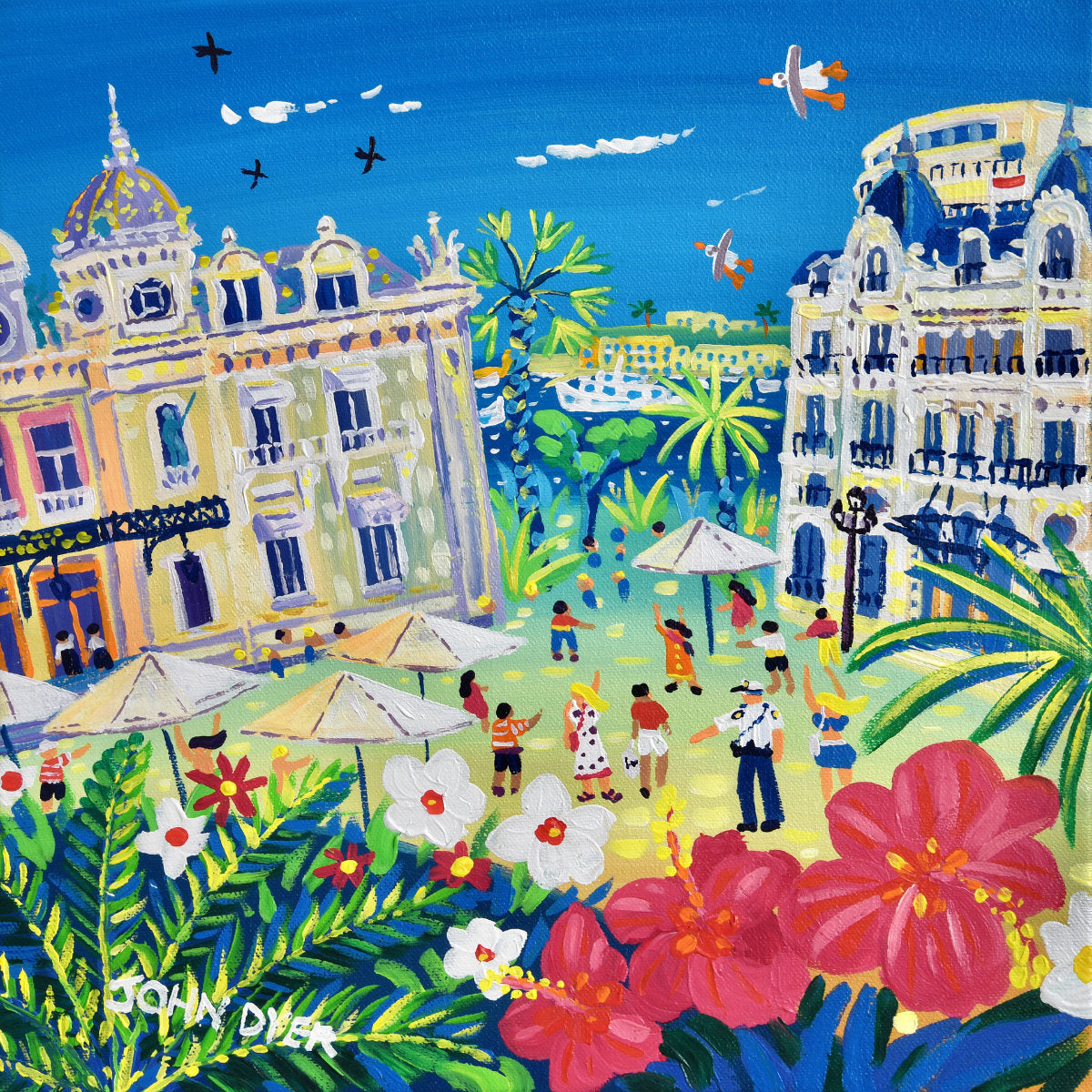 'Summer Flowers at Monte Carlo', 12x12 inches acrylic on canvas. Paintings of Monaco by British Artist John Dyer. French Art Gallery
