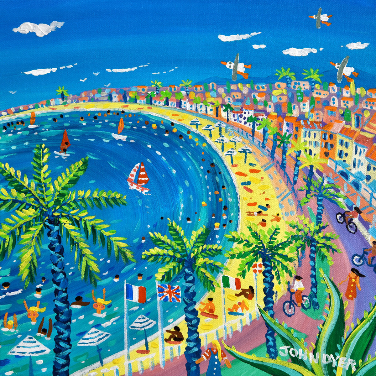 &#39;Cycling and Swimming in Nice&#39;, 12x12 inches acrylic on canvas. Paintings of France by British Artist John Dyer. French Art Gallery