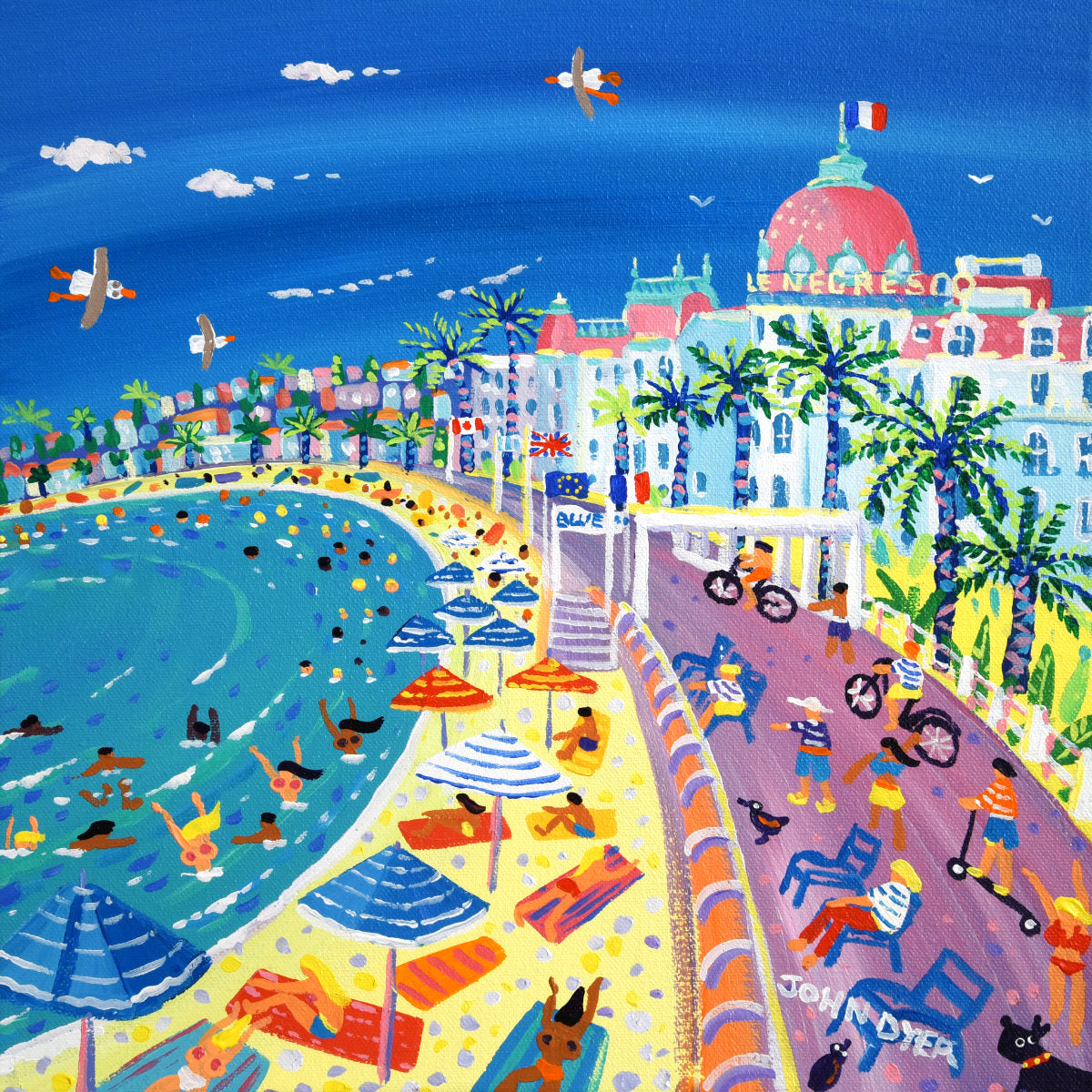 &#39;Summer Fun on the Beach, Le Negresco, Nice&#39;, 12x12 inches acrylic on canvas. Paintings of Monaco by British Artist John Dyer. French Art Gallery