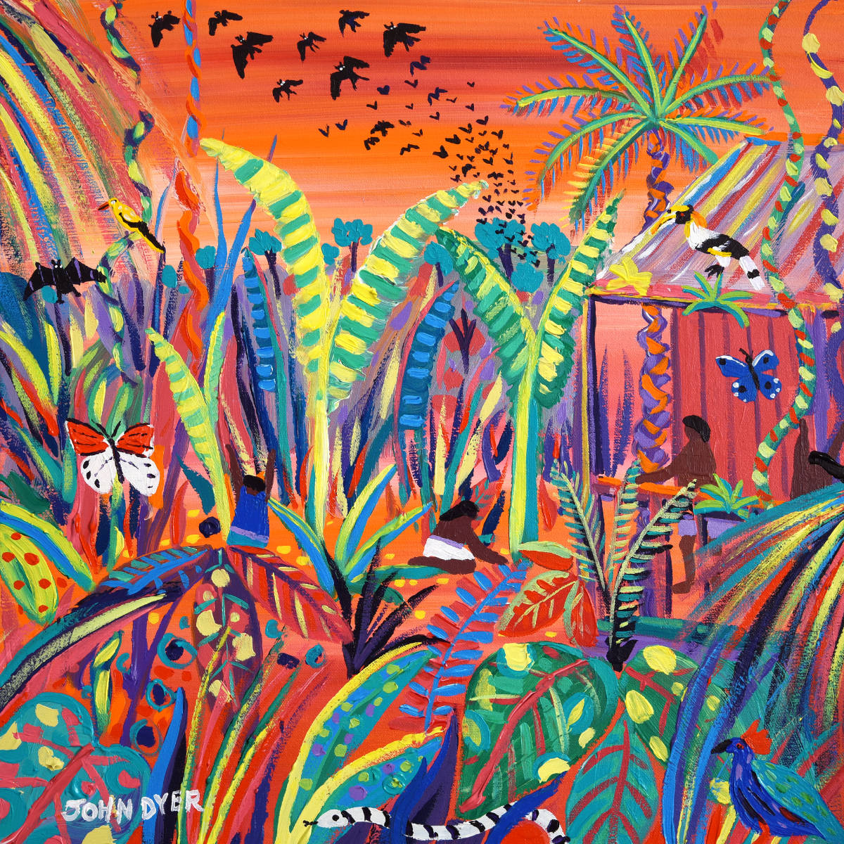 'Borneo Rainforest Sunset', 18x18 inches acrylic on canvas. Borneo Jungle Painting by Environmental Artist John Dyer. Cornwall Art Gallery