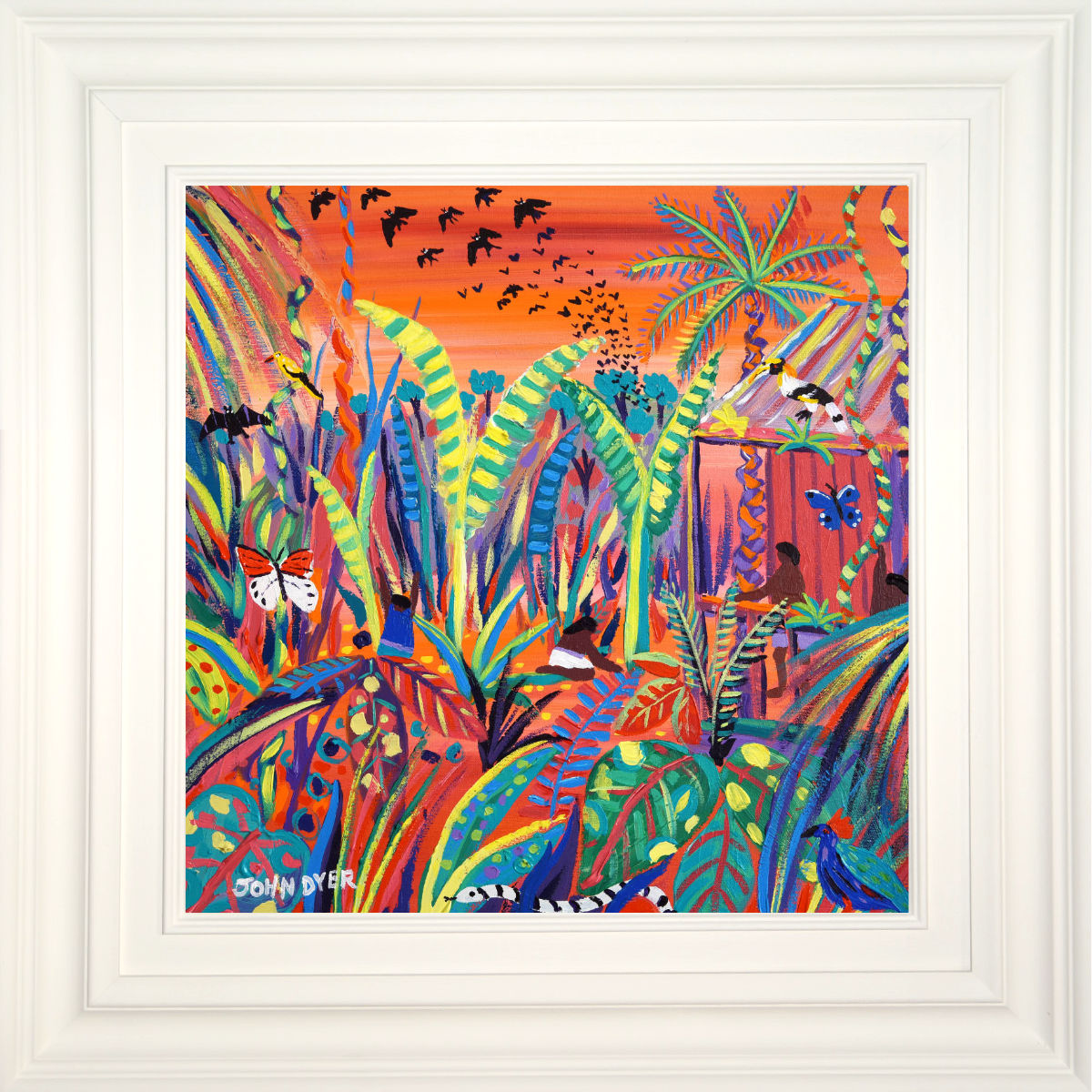 'Borneo Rainforest Sunset', 18x18 inches acrylic on canvas. Borneo Jungle Painting by Environmental Artist John Dyer. Cornwall Art Gallery