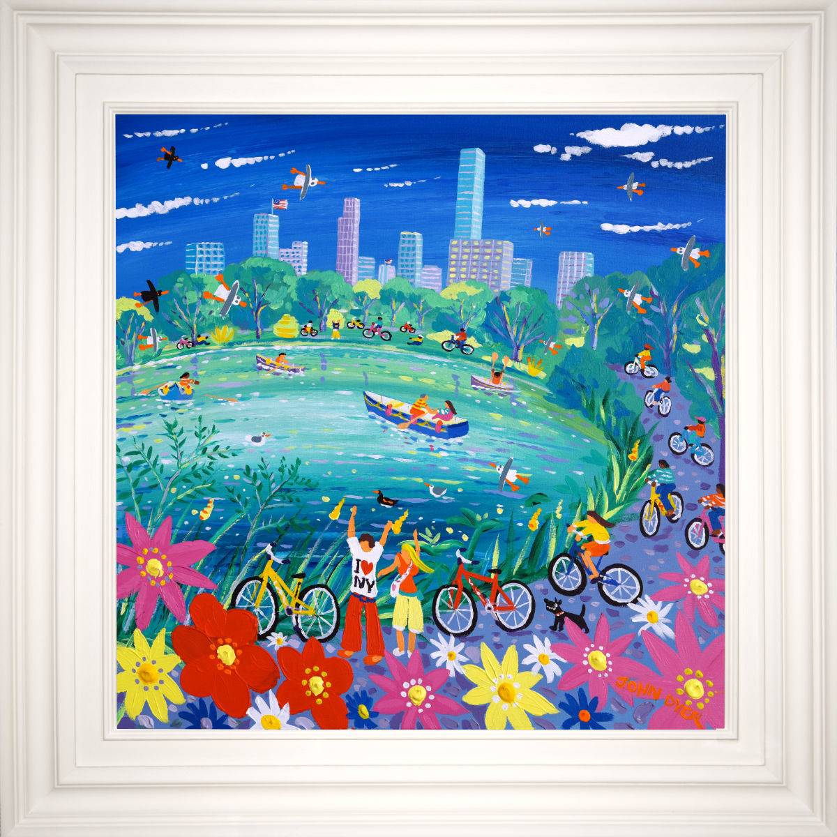 'Cycling around Central Park, New York', 24x24 inches acrylic on canvas. Paintings of America by British Artist John Dyer. American Art Gallery