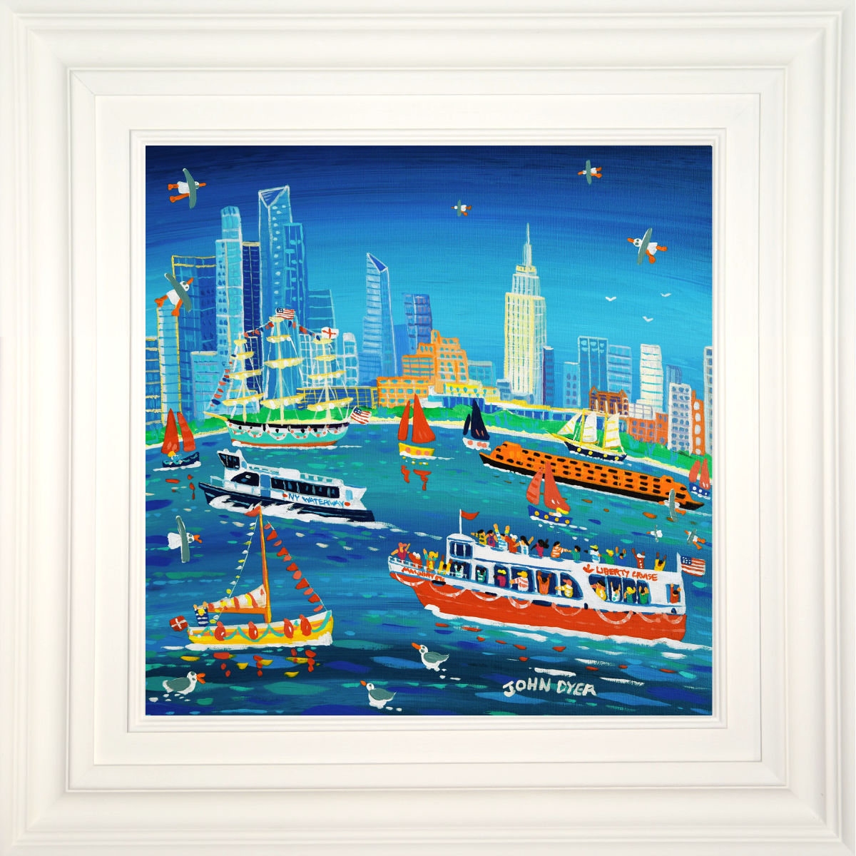 &#39;Sailing around Manhattan, New York&#39;, 18x18 inches acrylic on canvas. Paintings of America by British Artist John Dyer. American Art Gallery