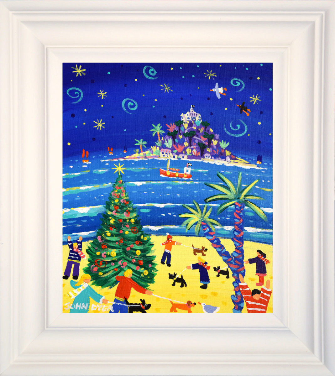 'Christmas Walkies, St Michael's Mount', 12 x 10 inches original art acrylic on canvas. Paintings of Cornwall by Cornish Artist John Dyer from our Cornwall Art Gallery