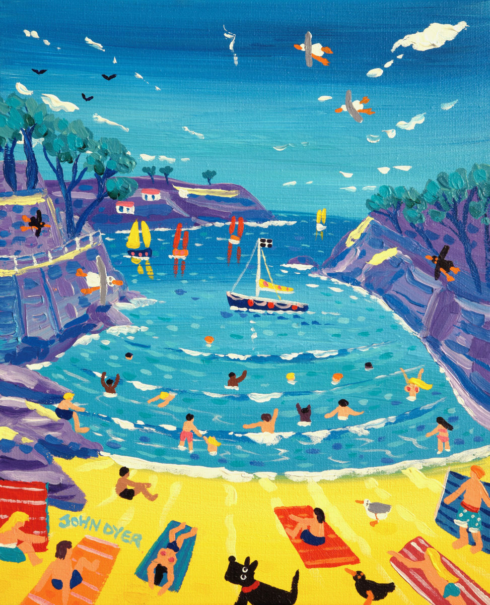 &#39;Beach Towels and Bathers, Readymoney Cove, Fowey&#39;, 12x10 inches acrylic on canvas. Cornwall Painting by Cornish Artist John Dyer. Cornish Art from our Cornwall Art Gallery