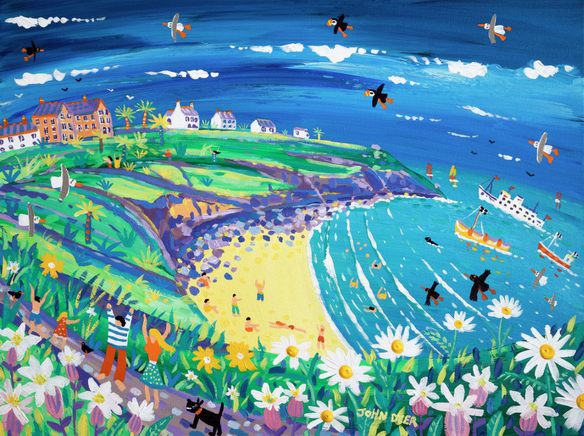 'Cornish Choughs and Puffins, Housel Bay', 18x24 inches acrylic on canvas. Cornwall Painting by Cornish Artist John Dyer. Cornish Art from our Cornwall Art Gallery