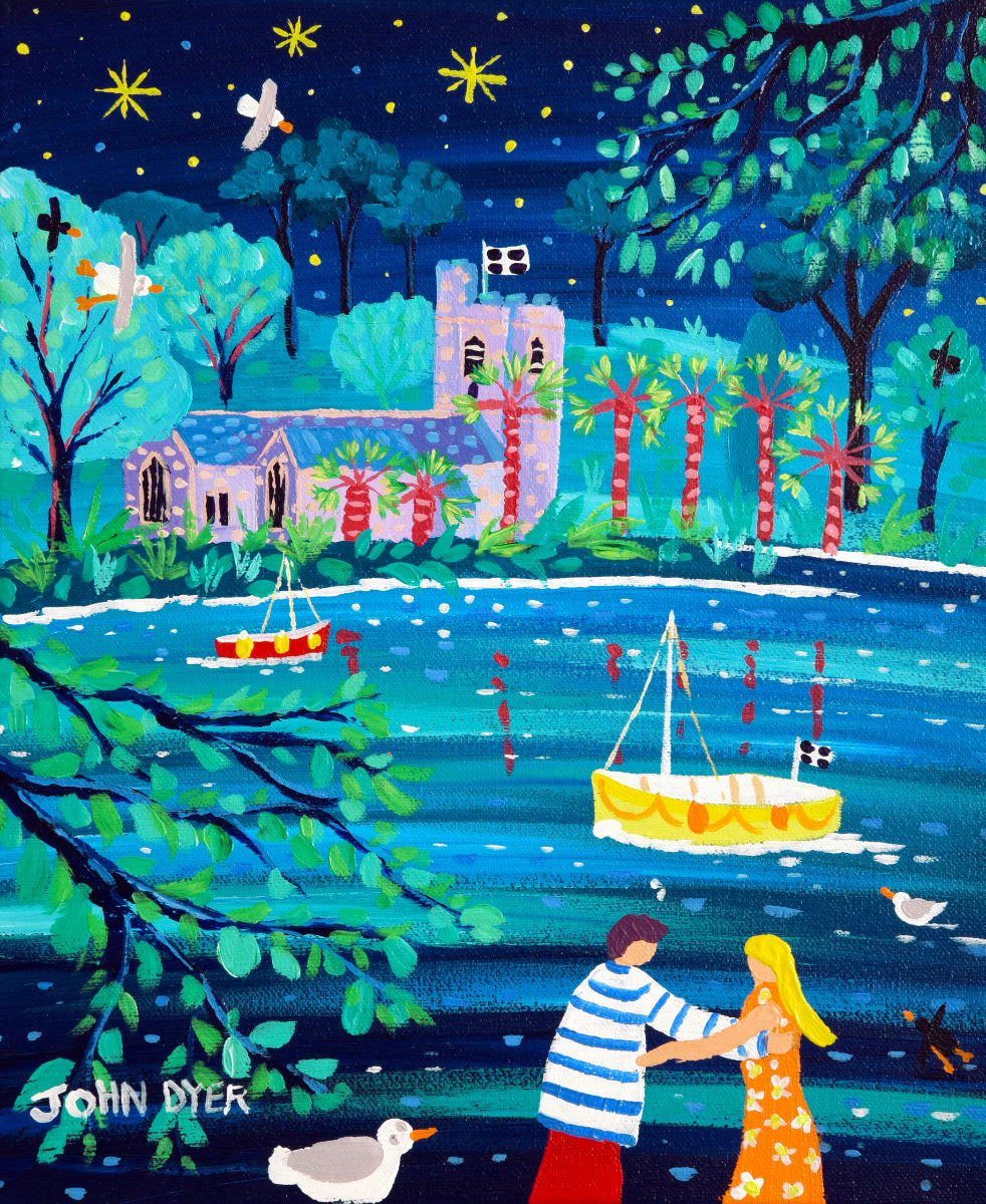 'Dancing under the Stars, St Just in Roseland', 12x10 inches acrylic on canvas. Cornwall Painting by Cornish Artist John Dyer. Cornish Art from our Cornwall Art Gallery