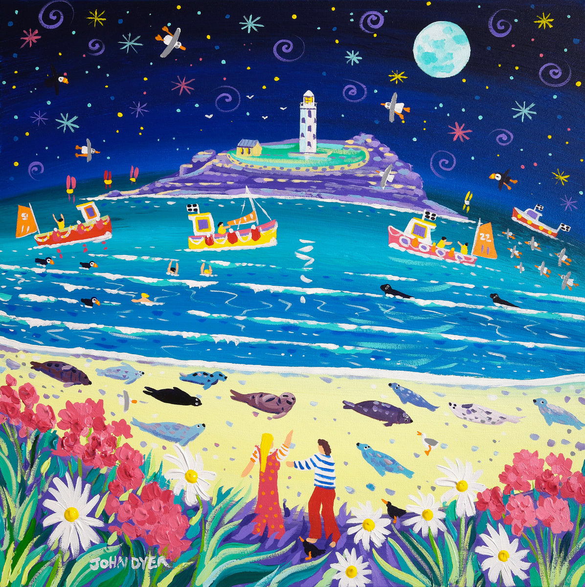 &#39;Snoozing Seals under the Moon, Godrevy&#39;, 24x24 inches acrylic on canvas. Cornwall Painting by Cornish Artist John Dyer. Cornish Art from our Cornwall Art Gallery